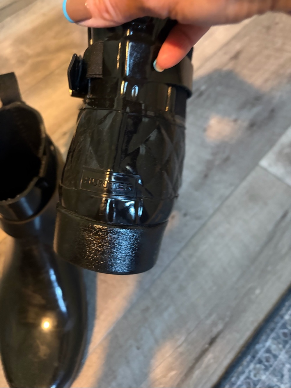 Hunter Black Quilted Gloss Ankle Rain Boots with Buckle